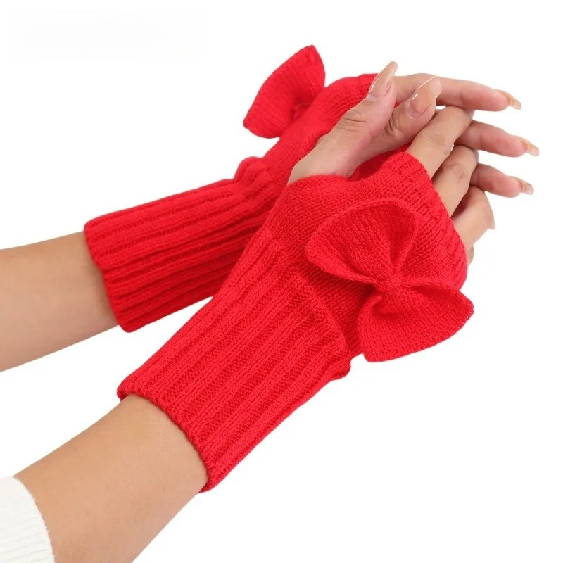 Women Fashion Gloves - Guantes sin dedos con lazo tejido