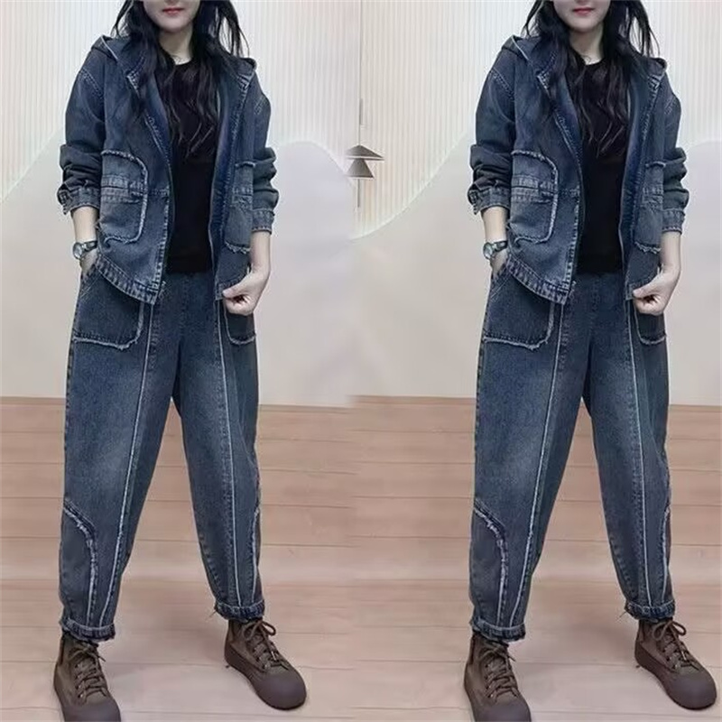 Women'S Fashion Denim Jacket - QDenim-chaqueta con capucha para mujer, conjunto