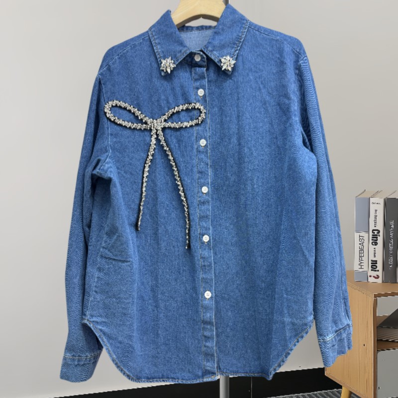 Women'S Fashion Denim Jacket - Camisa vaquera con lazo de diamantes